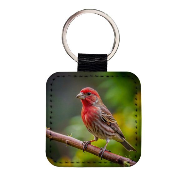 House Finch Backyard Bird Faux Leather Square Keychain