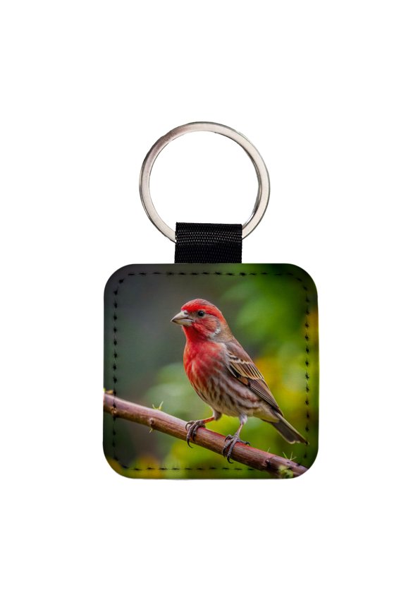 House Finch Backyard Bird Faux Leather Square Keychain