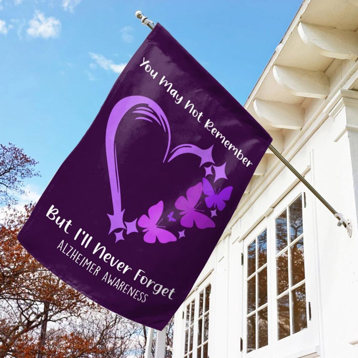 House Flag Alzheimers Awareness Purple Ribbon Support Message Outdoor Decor V4, 28x40 POLE NOT INCLUDED