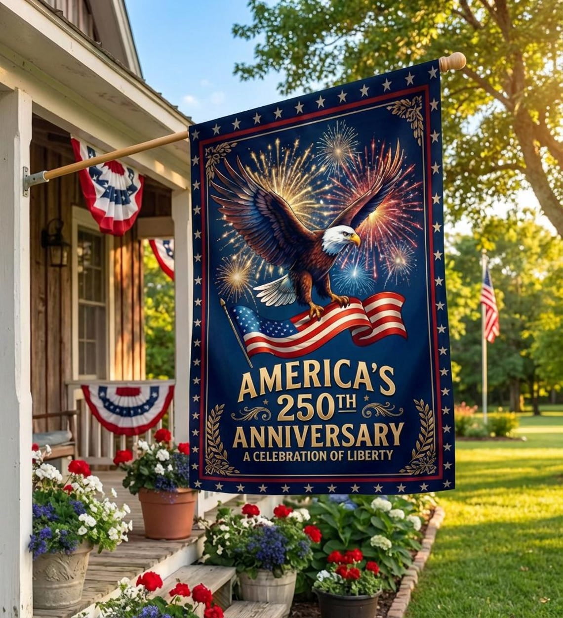 House Flag America 250th Anniversary Eagle Fireworks Celebration Decor, 28x40 POLE NOT INCLUDED