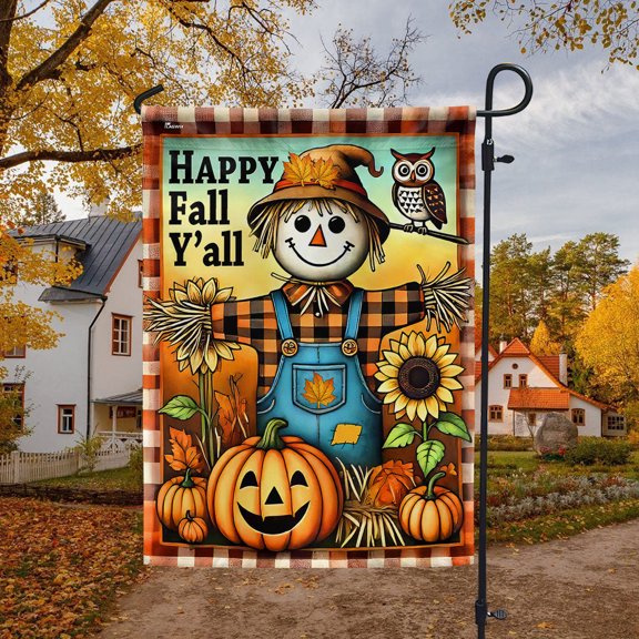 House Flag Autumn Scarecrow Happy Fall Y'all, Harvest Decor, 28x40 POLE NOT INCLUDED