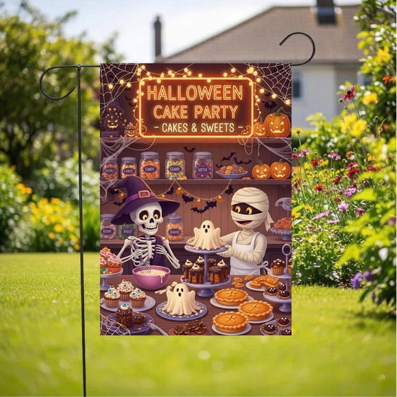 House Flag Bakery Party Flag Skeleton Ghost Cupcake Outdoor Decoration, 28x40 POLE NOT INCLUDED