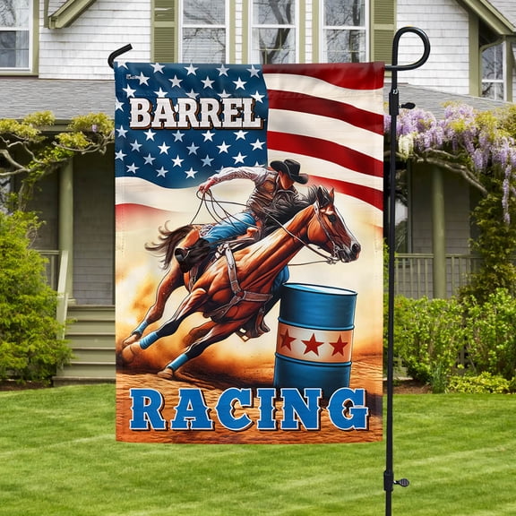 House Flag Barrel Racing On American, Rodeo Sports, 28x40 POLE NOT INCLUDED