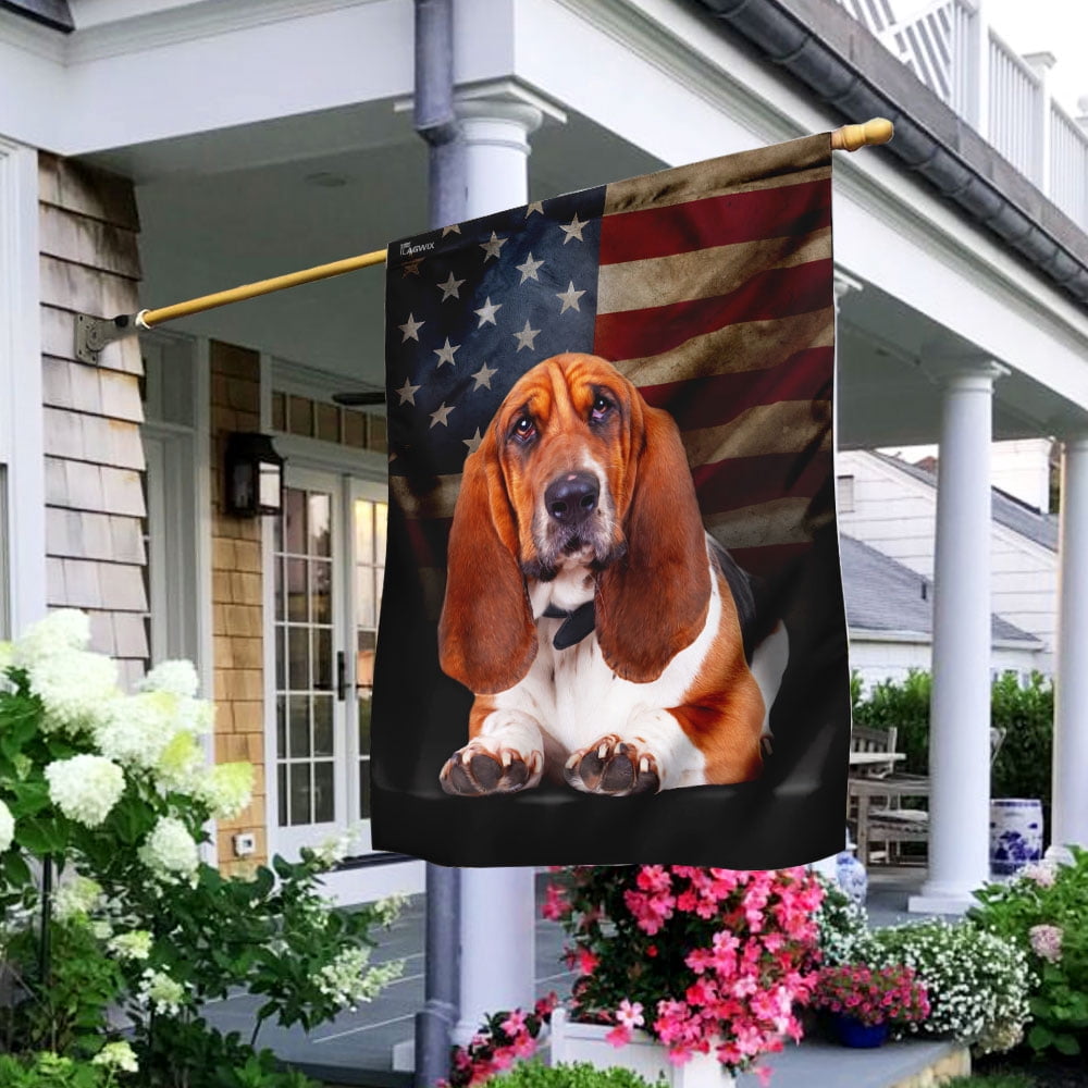 House Flag Basset Hound On American, Pet Portrait, 28x40 POLE NOT INCLUDED