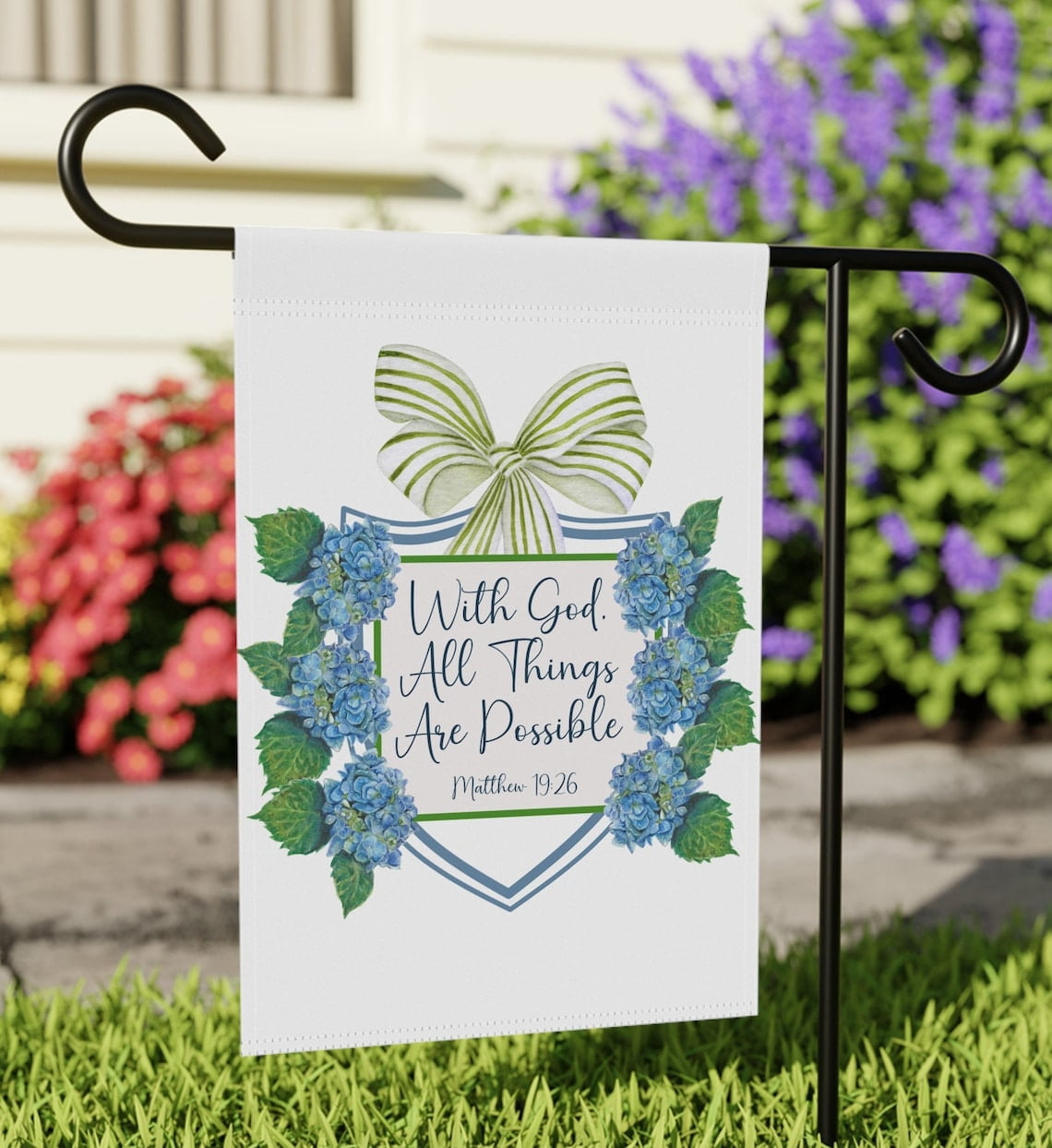 House Flag Bible Verse Hydrangea Floral Scripture Christian Porch ...