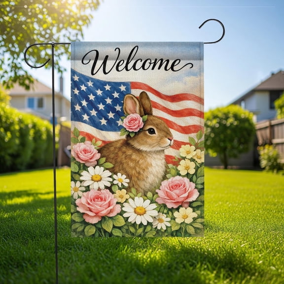 House Flag Bunny Spring Welcome Floral USA, 28x40 POLE NOT INCLUDED