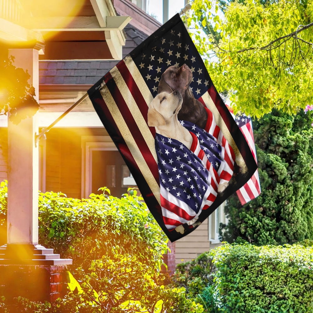 House Flag Chocolate And Yellow Labrador Retrievers On American Patriot Wrapped in Glory, Double Dog, 28x40 POLE NOT INCLUDED
