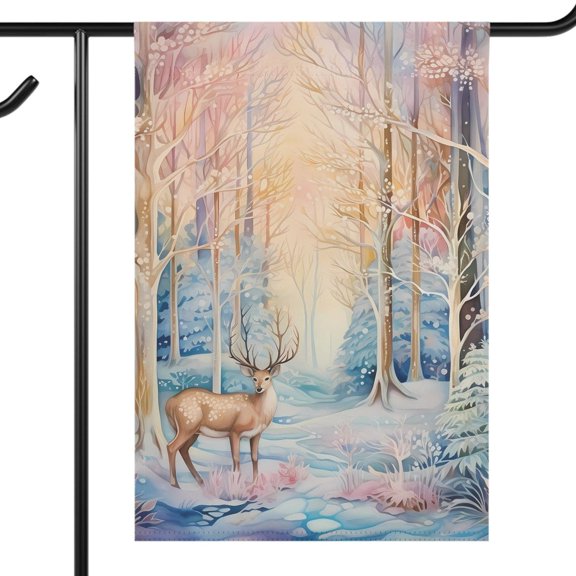 House Flag Colorful Winter Deer Flag Seasonal Forest Outdoor Decoration, 28x40 POLE NOT INCLUDED