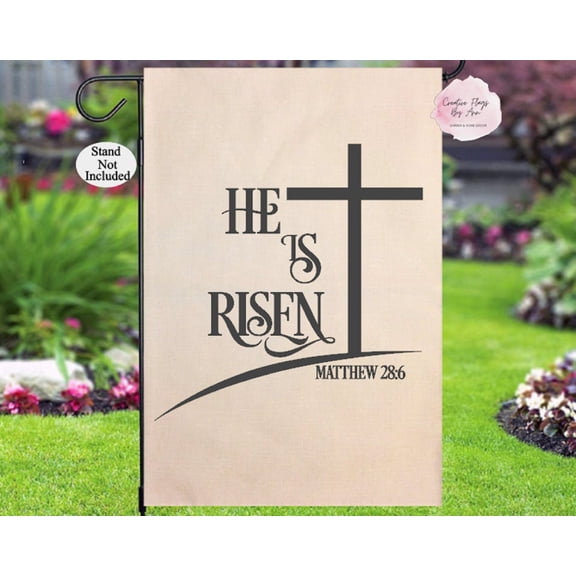 House Flag Cross He Is Risen Religious Spring Seasonal Porch Display, 28x40 POLE NOT INCLUDED
