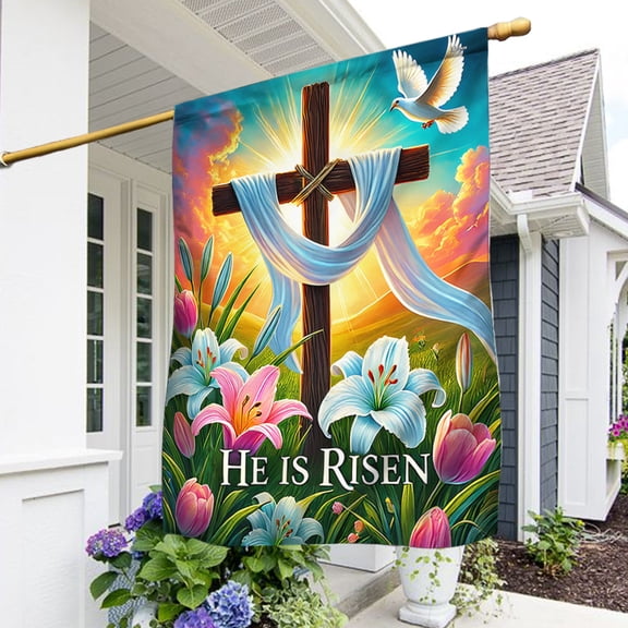 House Flag Easter Christian Cross Jesus He Is Risen, Religious, 28x40 POLE NOT INCLUDED