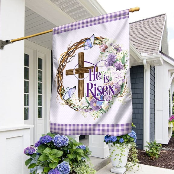 House Flag Easter Cross He Is Risen, Religious Resurrection, 28x40 POLE NOT INCLUDED