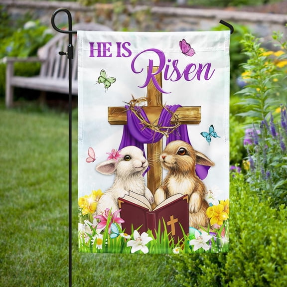 House Flag Easter He Is Risen Bunny Cross Christian, Religious, 28x40 POLE NOT INCLUDED