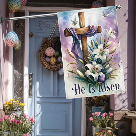 House Flag Easter He Is Risen Cross Faith Lily, Religious, 28x40 POLE NOT INCLUDED