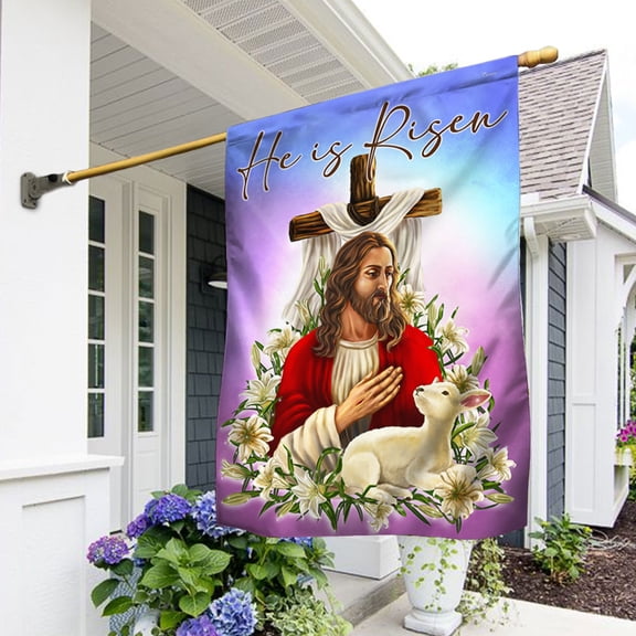 House Flag Easter He Is Risen Cross, Religious Resurrection, 28x40 POLE NOT INCLUDED