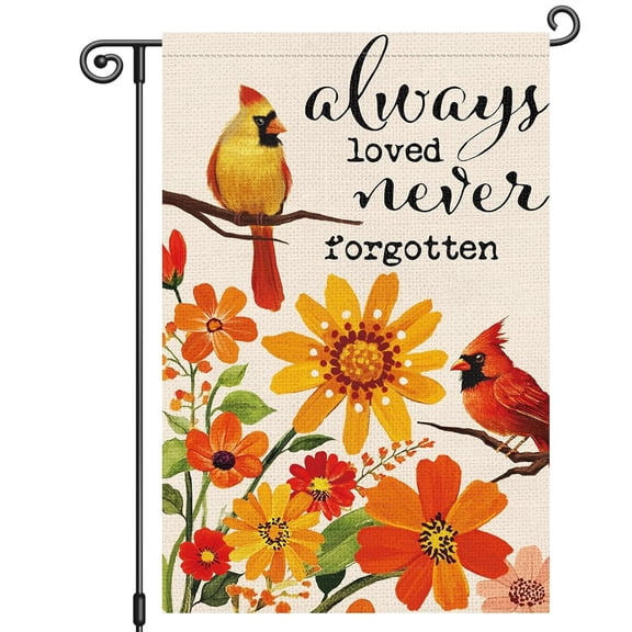 House Flag Fall Memorial Flag Always Loved Never Forgotten Cardinal Bird Daisy Autumn Cemetery Outdoor Decor, 28x40 POLE NOT INCLUDED