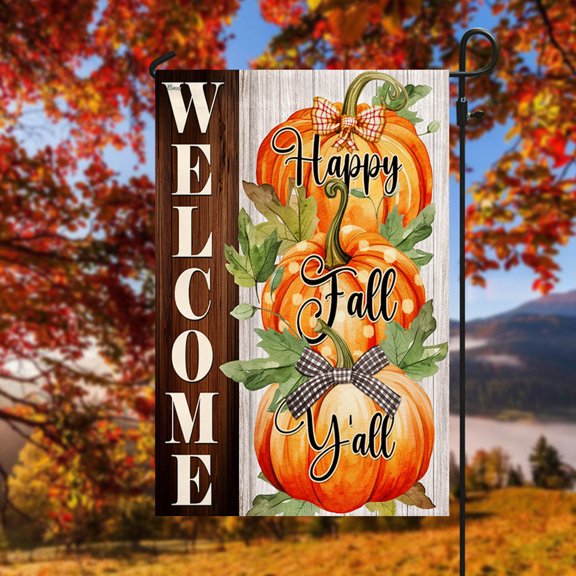 House Flag Fall Pumpkins Welcome Fall Happy Fall Y'all, Autumnal, 28x40 POLE NOT INCLUDED