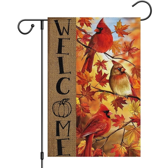 House Flag Fall Welcome Cardinal Maple Leaves Flag, Thanksgiving Seasonal Holiday Outdoor Decoration Flag, 28x40 POLE NOT INCLUDED