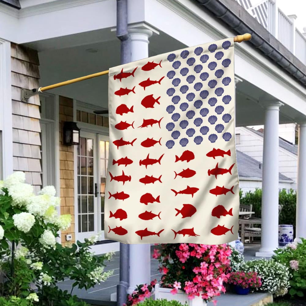 House Flag Fish And Shell On American, Coastal Beach Theme, 28x40 POLE NOT INCLUDED