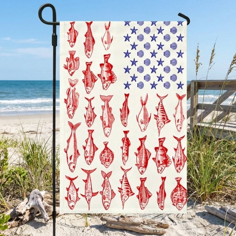 House Flag Fish & Sea Shells On American, Nautical Independence Day, 28x40 POLE NOT INCLUDED