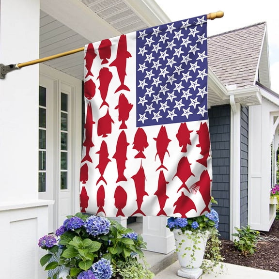House Flag Fishing Fish july 4th Patriotic On American, Angler Holiday, 28x40 POLE NOT INCLUDED