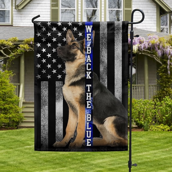 House Flag German Shepherd K-9 We Back the Blue Thin Blue Line, Police Support, 28x40 POLE NOT INCLUDED