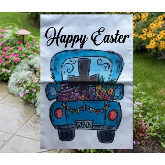 House Flag Happy Truck Cross Religious He Is Risen Porch Decoration, 28x40 POLE NOT INCLUDED