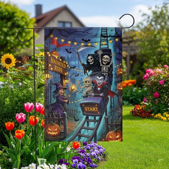 House Flag Haunted Ride Flag Skeleton Vampire Witch Outdoor Decoration, 28x40 POLE NOT INCLUDED