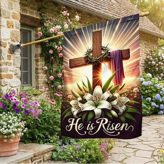 House Flag He Is Risen Easter Religious Cross Christian, Resurrection, 28x40 POLE NOT INCLUDED