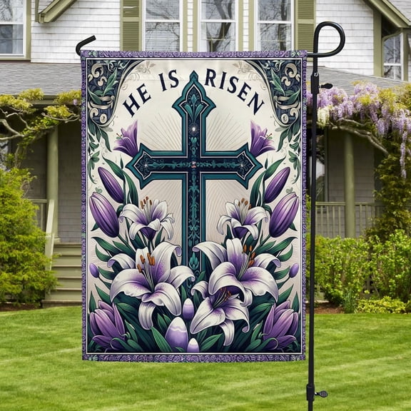 House Flag He Is Risen Religious Cross Lilies Lily, 28x40 POLE NOT INCLUDED