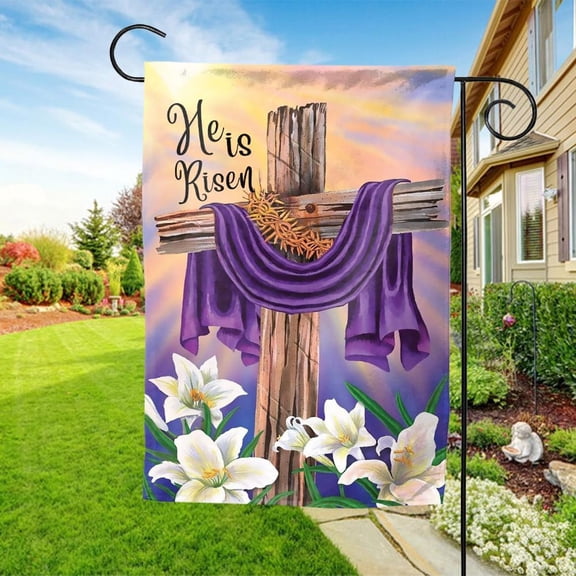 House Flag He Is Risen Religious Happy Cross, 28x40 POLE NOT INCLUDED