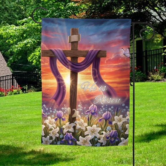 House Flag He Is Risen Religious Happy Cross, 28x40 POLE NOT INCLUDED
