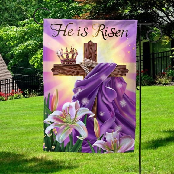 House Flag He Is Risen Religious Happy Cross, 28x40 POLE NOT INCLUDED