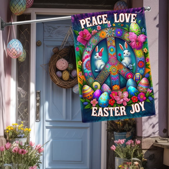 House Flag Hippie Peace Sign Easter Day Peace Love Easter Joy, Whimsical Spring, 28x40 POLE NOT INCLUDED
