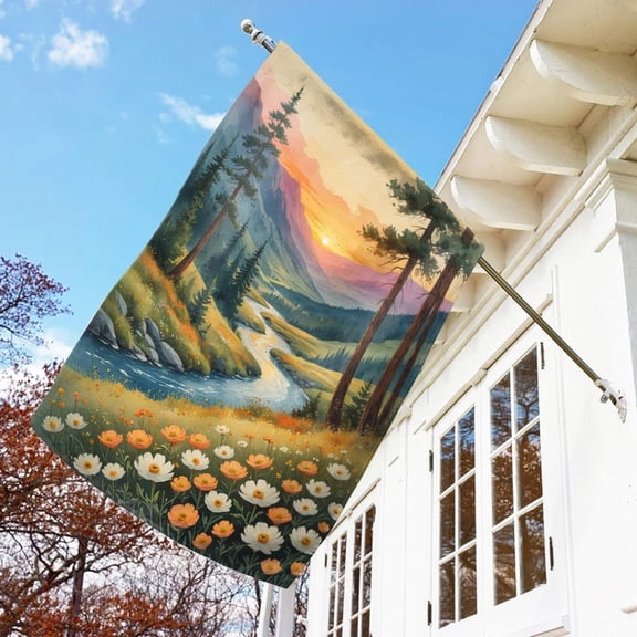 House Flag Mountain Range Stained Glass Nature Lover Landscape Porch Display, 28x40 POLE NOT INCLUDED