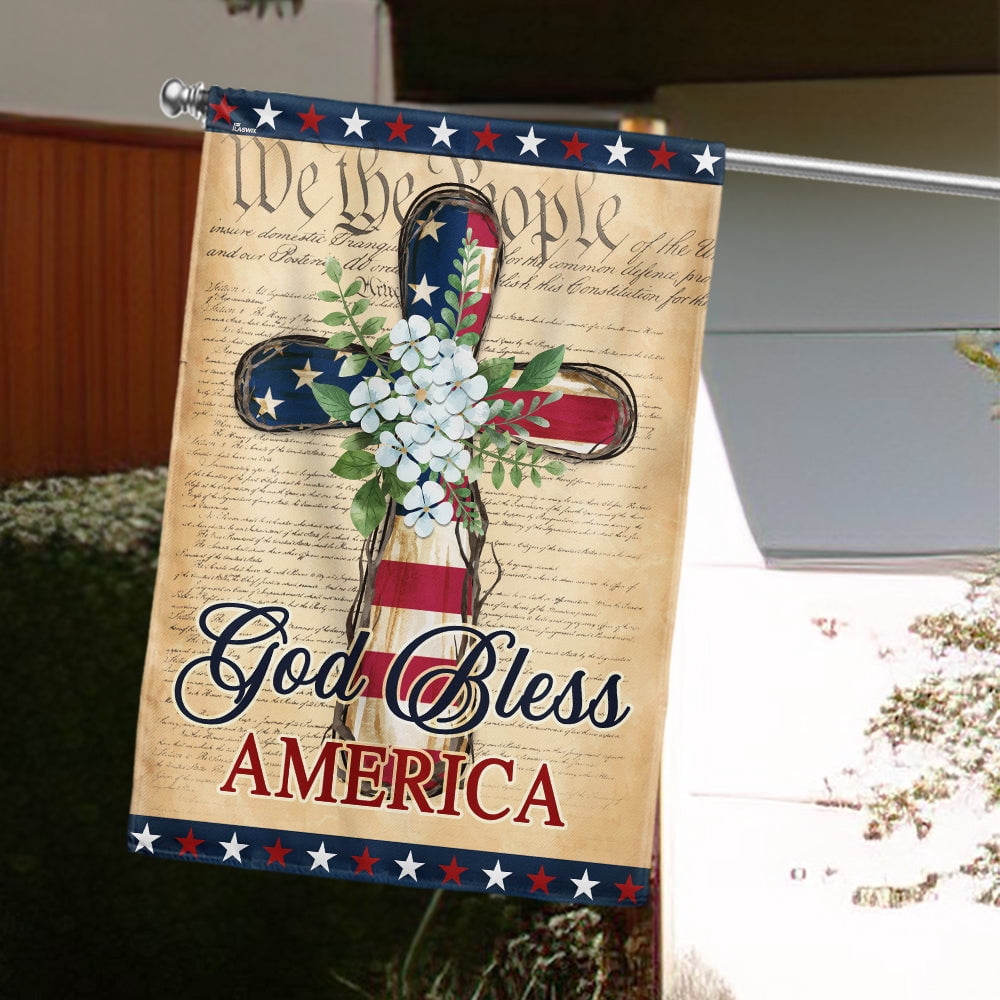 House Flag Patriotic God Bless America 4th of July Christian Cross, Religious, 28x40 POLE NOT INCLUDED
