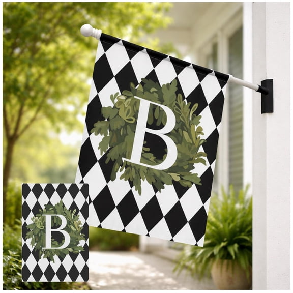 House Flag Personalized Harlequin Check Monogram Flag Custom Initial Wreath Elegant Diamond Pattern Housewarming V58, 28x40 POLE NOT INCLUDED
