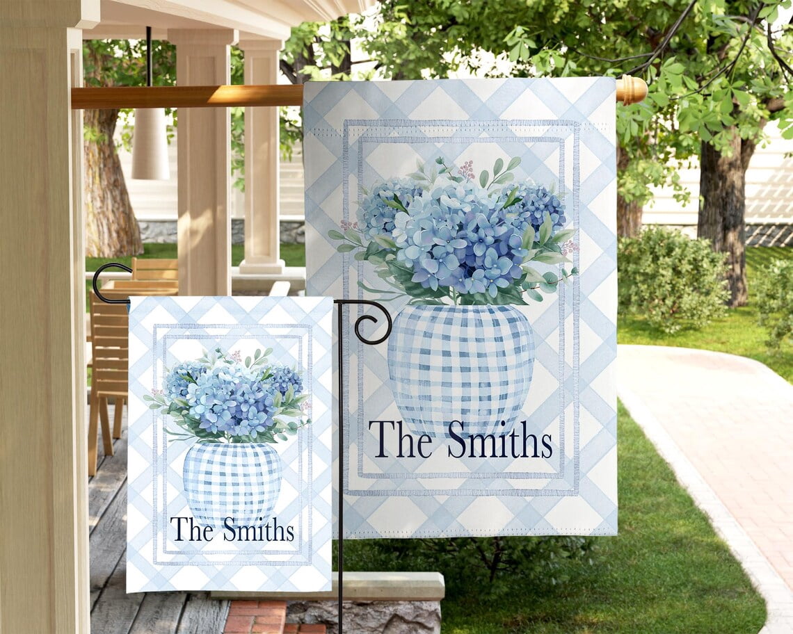 House Flag Personalized Hydrangea Flag Custom Family Name Blue Floral Bow Preppy Coastal Porch Spring Summer V127, 28x40 POLE NOT INCLUDED