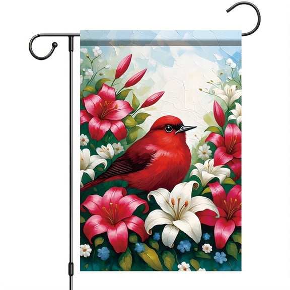 House Flag Red Cardinal Bird Flag Floral Spring Summer Seasonal Outdoor Decor, 28x40 POLE NOT INCLUDED