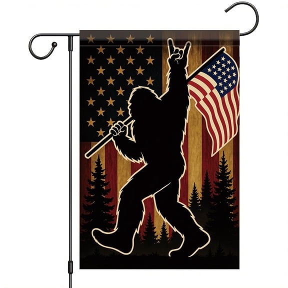 House Flag Sasquatch Flag Holding USA Flag Patriotic Independence Day Outdoor Decor, 28x40 POLE NOT INCLUDED