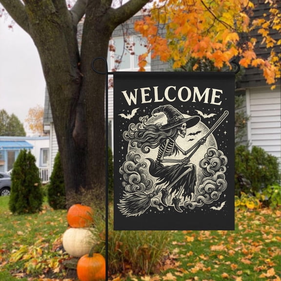 House Flag Skeleton Witch Flag Broomstick Clouds Gothic Outdoor Decoration, 28x40 POLE NOT INCLUDED