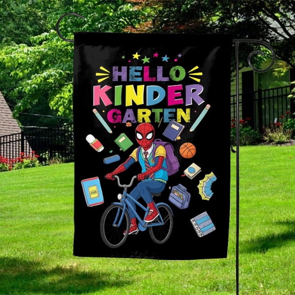 House Flag Spider Hello Kindergarten Back To School Welcome Outdoor Decor, 28x40 POLE NOT INCLUDED