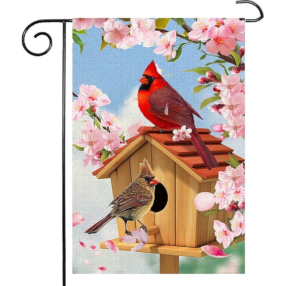 House Flag Spring Cardinal Bird Flag Pink Flowers Tree Summer Farmhouse Seasonal Outdoor Decor, 28x40 POLE NOT INCLUDED