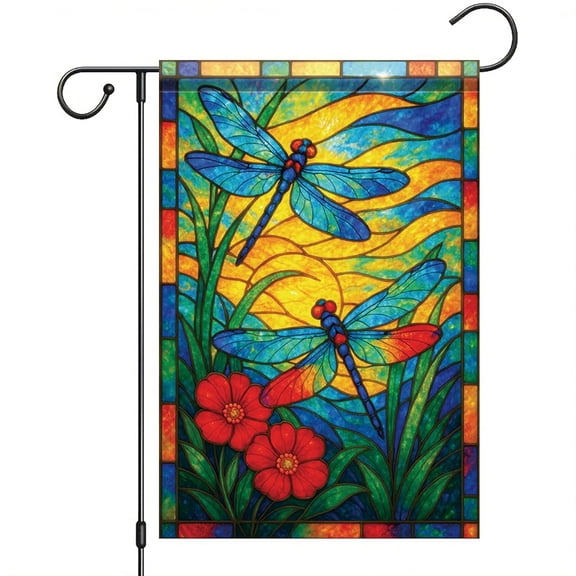 House Flag Spring Summer Dragonfly Stained Glass Flag Vibrant Seasonal Outdoor Decor, 28x40 POLE NOT INCLUDED