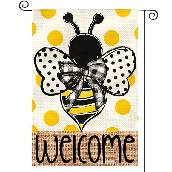 House Flag Summer Polka Dot Bee Welcome Flag Seasonal Outdoor Decor, 28x40 POLE NOT INCLUDED