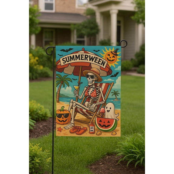 House Flag Summer Skeleton Flag Pumpkin Ghost Spooky Outdoor Decoration, 28x40 POLE NOT INCLUDED