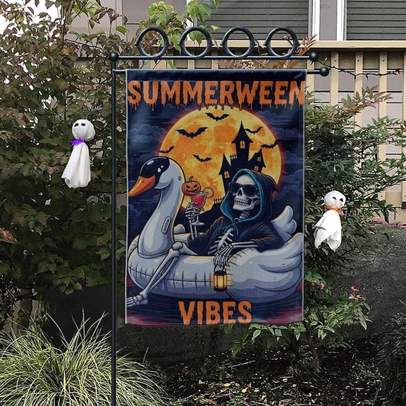 House Flag Summerween Flag Skeleton Spooky Vibes Outdoor Decoration, 28x40 POLE NOT INCLUDED