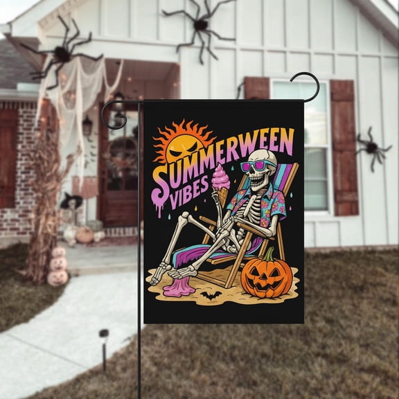 House Flag Summerween Skeleton Flag Ice Cream Beach Outdoor Decoration, 28x40 POLE NOT INCLUDED