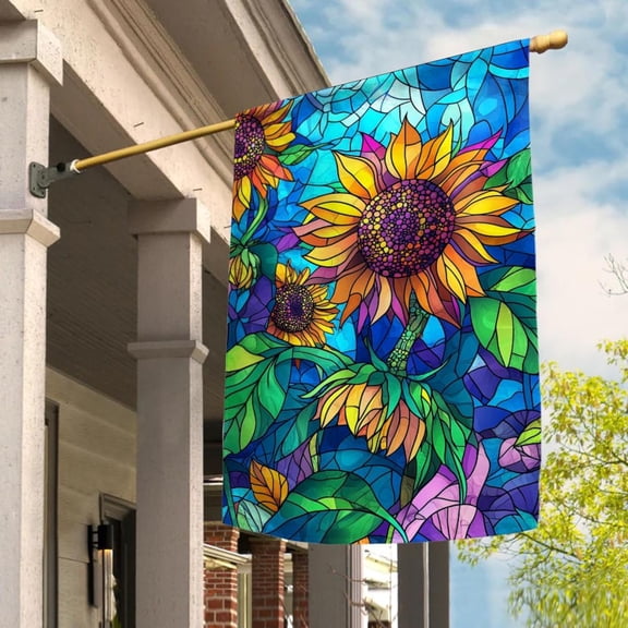 House Flag Sunflower Stained Glass Artistic Summer Floral Gift Decor, 28x40 POLE NOT INCLUDED