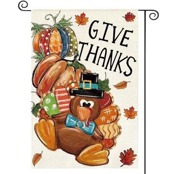 House Flag Thanksgiving Turkey Give Thanks Pumpkin Flag Outdoor Holiday Decoration, 28x40 POLE NOT INCLUDED