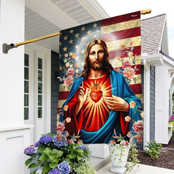 House Flag The Sacred Heart Of Jesus On American, Catholic Religious, 28x40 POLE NOT INCLUDED